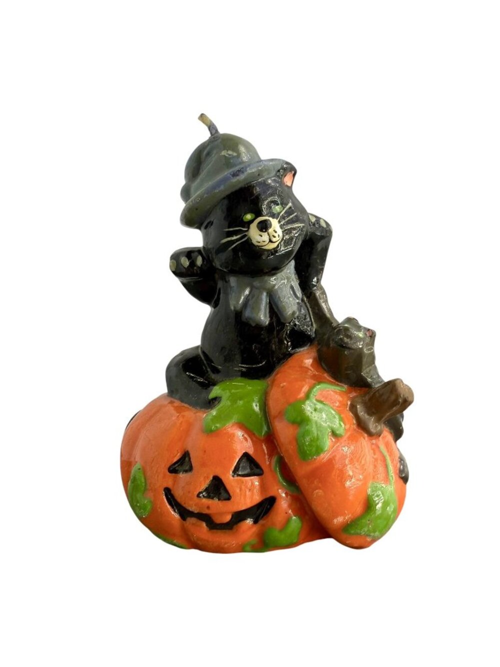 Vintage Wax Halloween Candle Black Cat With Jack O Lantern Pumpkin 6”